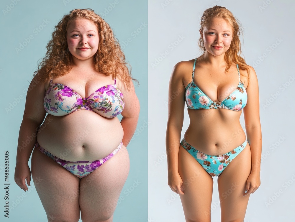 Two women are shown in bikini bottoms, one of whom is overweight Two women are shown in bikini bottoms, one of whom is overweight