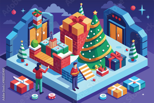 Two characters interact while preparing a vibrant Christmas surprise with gifts, a decorated tree, and cheerful decorations in a cozy atmosphere.