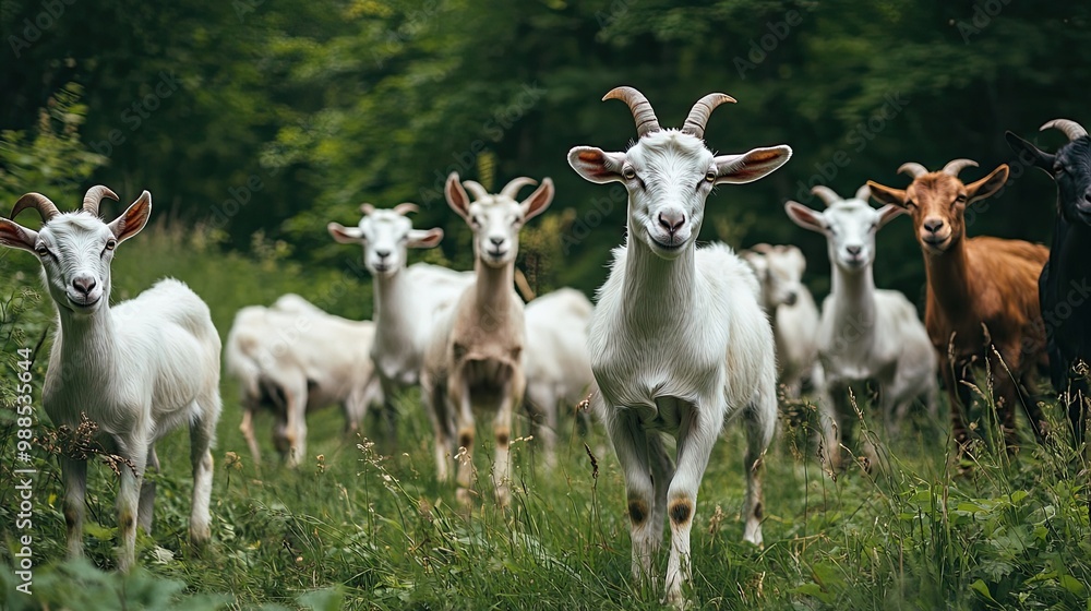 Obraz premium Herd of goats walking through tall green grass in a forest clearing.