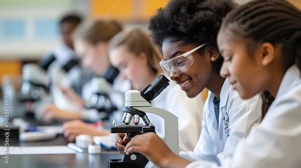 A Young Girl Uses a Microscope in a Science Lab A Young Girl Uses a Microscope in a Science Lab