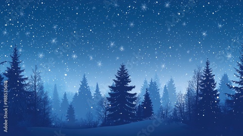 Christmas Background,Winter Night sky dark blue with starry,snowy in woodland landscape with firs,coniferous forest pine and falling snow,Vector with generative ai