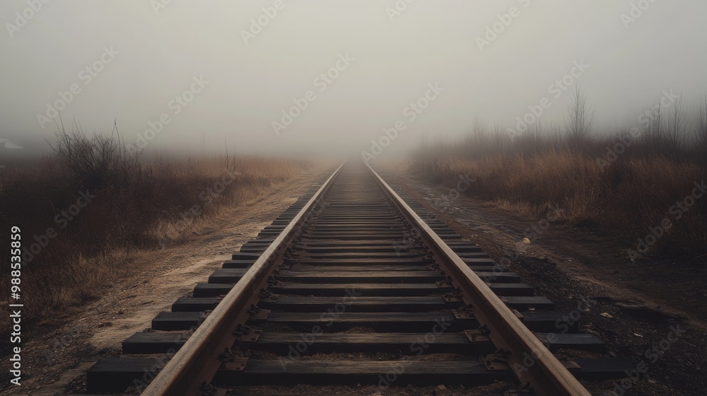 Obraz premium Foggy Railroad Tracks Leading Into The Distance
