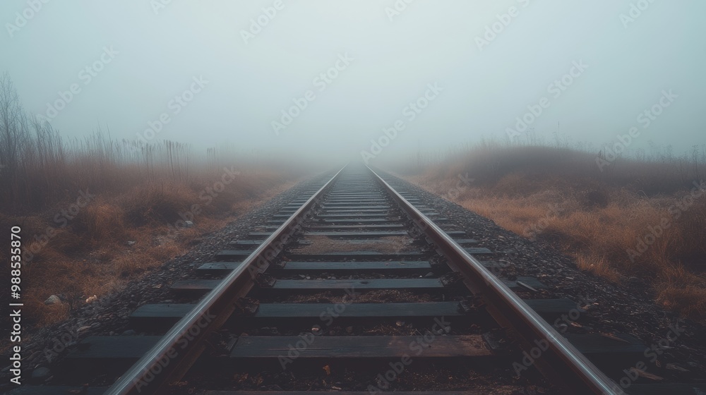 Fototapeta premium Misty Railroad Tracks Leading into the Fog