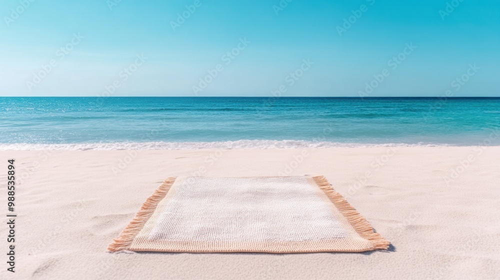 Fototapeta premium A serene beach scene featuring a soft rug laid on the sand, inviting relaxation under a clear blue sky and gentle ocean waves.