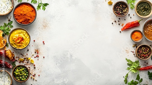 Fototapeta Naklejka Na Ścianę i Meble -  Top view of various colorful Indian sauces and spices on white background with copy space.