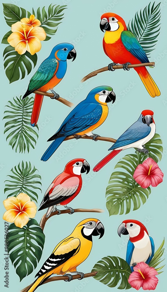 Fototapeta premium set bird tropical tropical bird watercolor bird set parrot exotic illustration background isolated animal toucan cockatoo art nature drawing white pink vintage wildlife jungle macaw design green