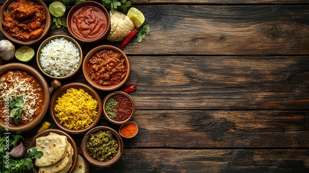 Top view of various Indian dishes with rice, sauces, and flatbread on a wooden background. Top view of various Indian dishes with rice, sauces, and flatbread on a wooden background.