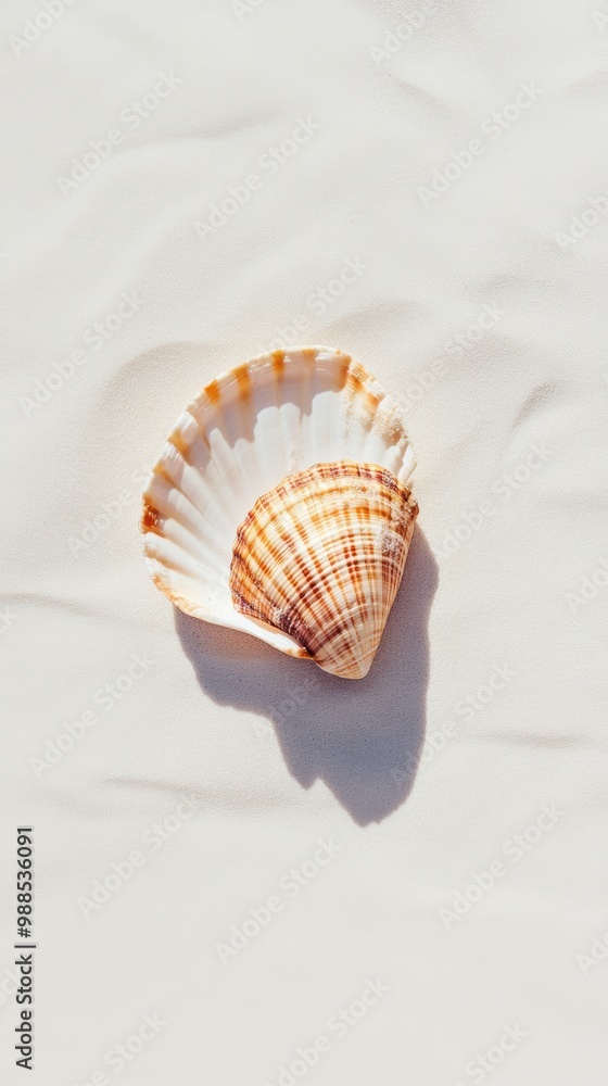 A delicate seashell rests on soft, sandy beach, showcasing natural patterns and colors under gentle sunlight. A delicate seashell rests on soft, sandy beach, showcasing natural patterns and colors under gentle sunlight.