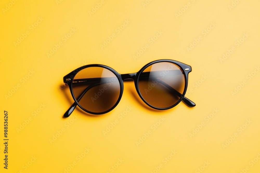 Round black sunglasses on a bright yellow background create a stylish and vibrant look. Round black sunglasses on a bright yellow background create a stylish and vibrant look.
