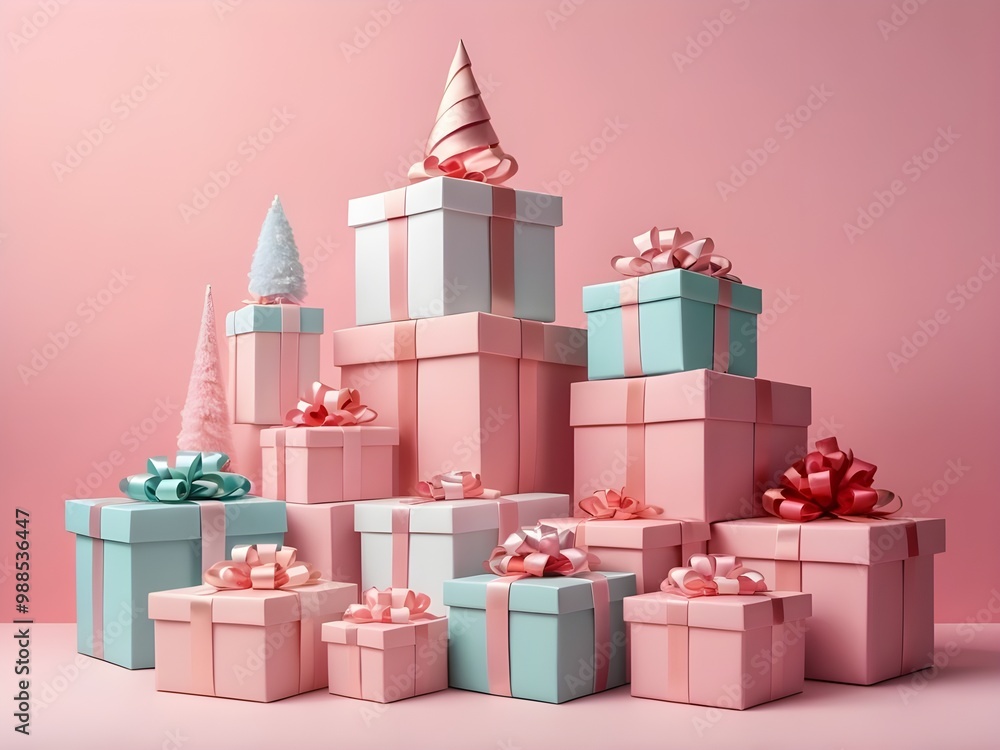 Obraz premium abstract pastel Santa Claus hat with Christmas gift boxes on pastel pink backdrop