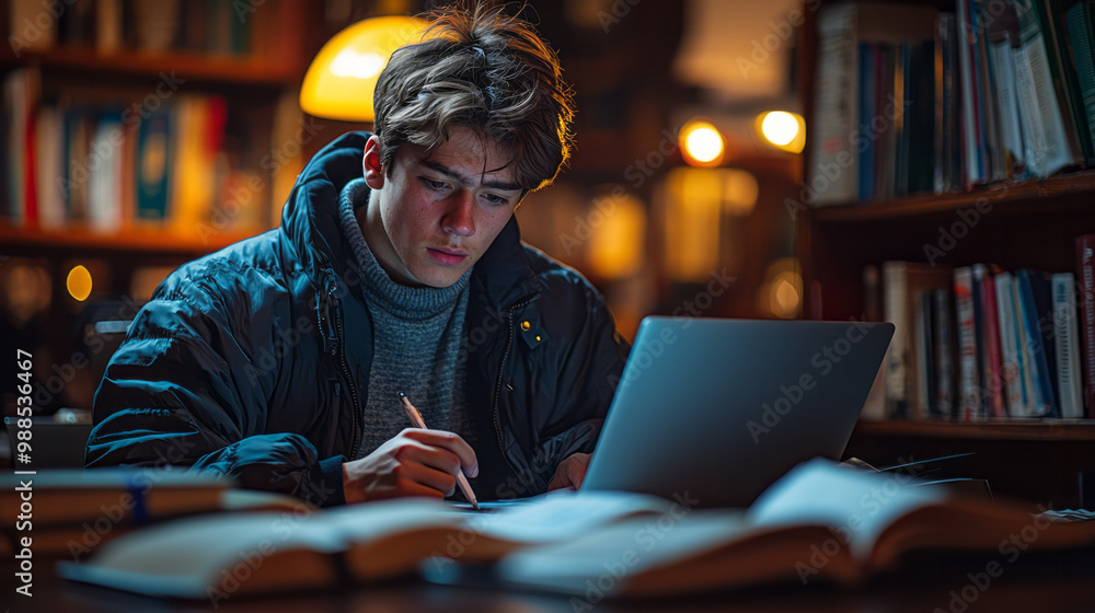 A focused student sitting at a desk with a laptop open, surrounded by textbooks and notes, A focused student sitting at a desk with a laptop open, surrounded by textbooks and notes,
