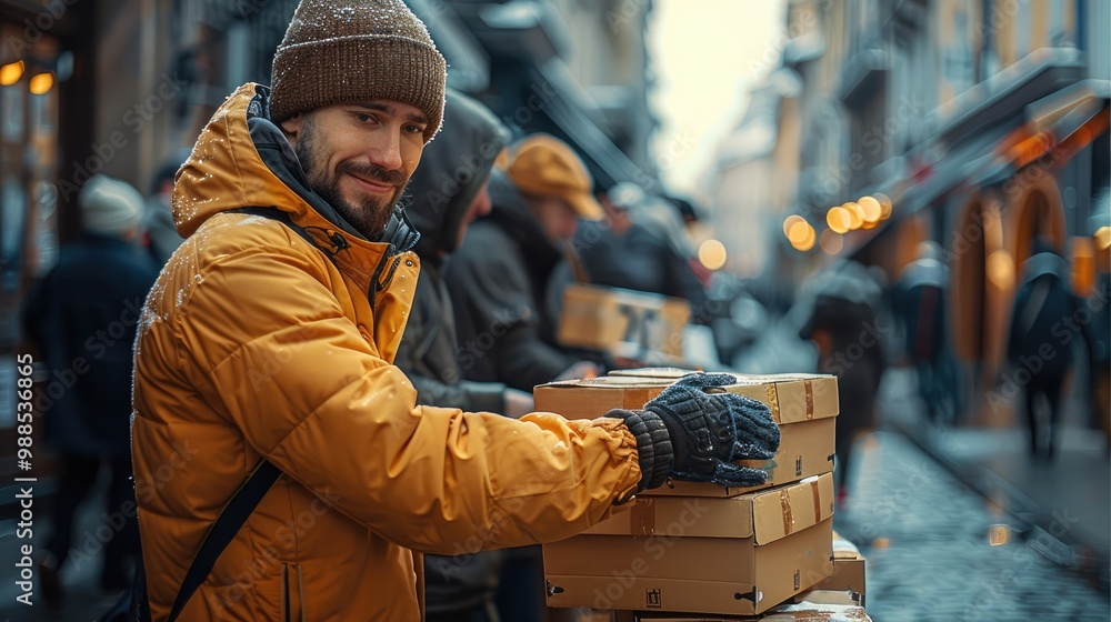 Volunteers collect humanitarian aid boxes in the street for immigrants. Volunteers collect humanitarian aid boxes in the street for immigrants.