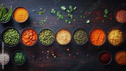 Top view of various Indian spices and ingredients in bowls on a dark wooden background.