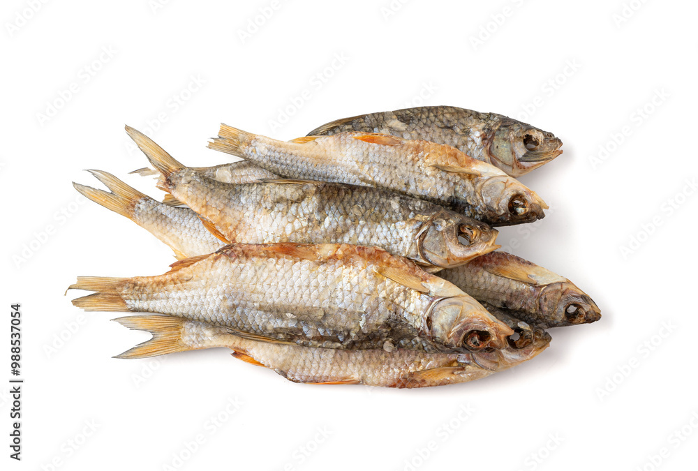Dry roach, salted fish isolated, dried rutilus, taranka beer snack, whole salted and dried fish, prepared seafood Dry roach, salted fish isolated, dried rutilus, taranka beer snack, whole salted and dried fish, prepared seafood