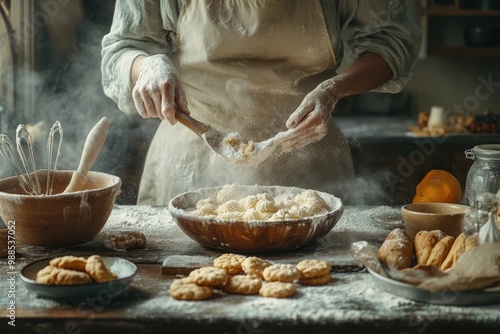 A person in a kitchen covered in flour, joyfully baking cookies or a cake