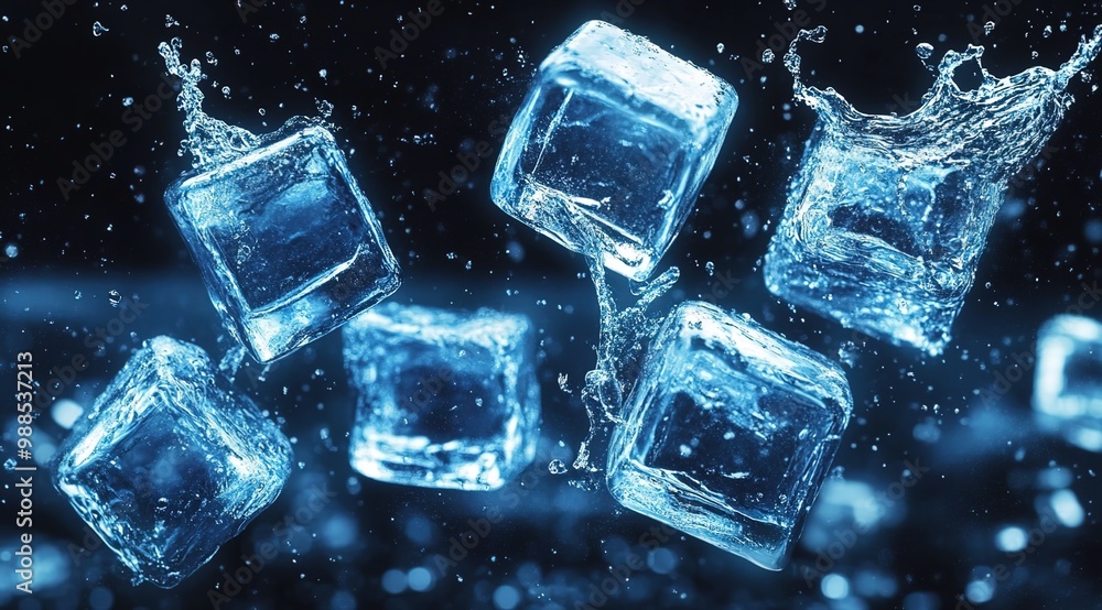 A dynamic scene of ice cubes suspended in mid-air, with splashes and droplets around them.
A dynamic scene of ice cubes suspended in mid-air, with splashes and droplets around them.