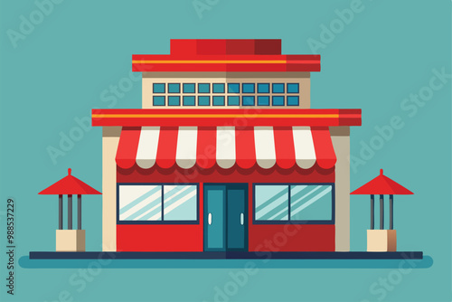 A vibrant building features a red awning and outdoor seating on a sunny day, a building with a red awning on top of it