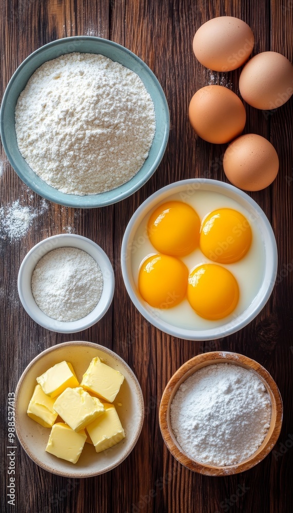 Classic Baking Ingredients in Bowls Flour, Eggs, Butter for a Delicious Homebaked Recipe Classic Baking Ingredients in Bowls Flour, Eggs, Butter for a Delicious Homebaked Recipe