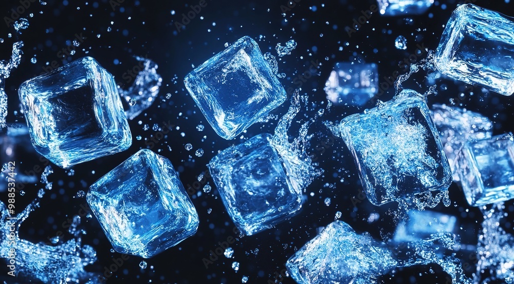 A dynamic scene of ice cubes suspended in mid-air, with splashes and droplets around them.
A dynamic scene of ice cubes suspended in mid-air, with splashes and droplets around them.