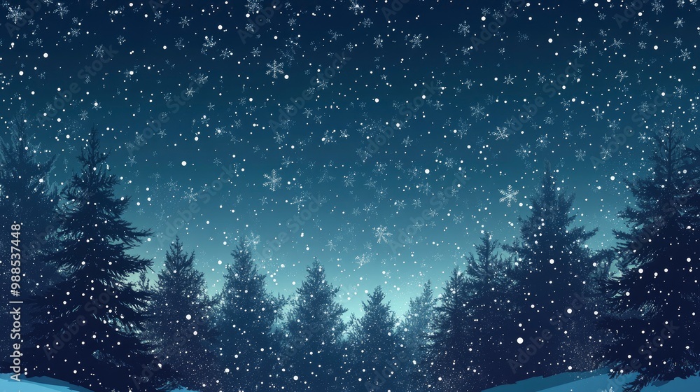 Naklejka premium Christmas Background,Winter Night sky dark blue with starry,snowy in woodland landscape with firs,coniferous forest pine and falling snow,Vector with generative ai