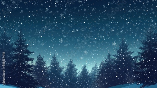 Christmas Background,Winter Night sky dark blue with starry,snowy in woodland landscape with firs,coniferous forest pine and falling snow,Vector with generative ai