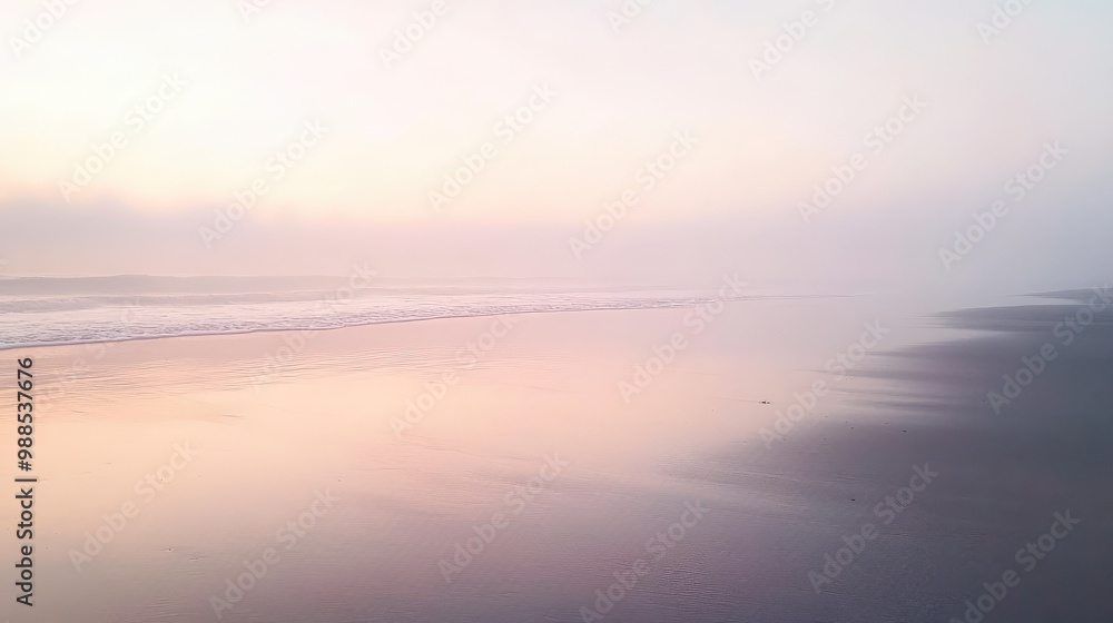 Fototapeta premium A peaceful, foggy beach at sunrise, with smooth wet sand reflecting the soft pastel colors of the sky.