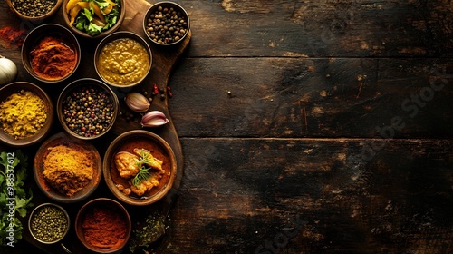 Top view of various spices and herbs in bowls arranged on a rustic wooden background with copy space.