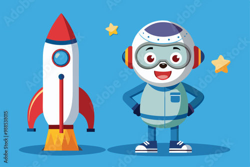 A happy character poses next to a vibrant rocket under a clear blue sky with stars, a cartoon character a cartoon character standing next to a rocket