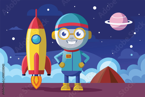 A joyful character poses next to a bright rocket against a cosmic background, a cartoon character a cartoon character standing next to a rocket