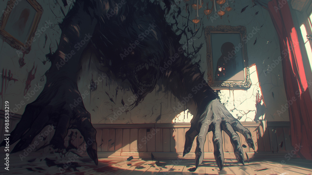 Fototapeta premium Dark entity bursts through the floorboards, its horrifying face screaming silent terror
