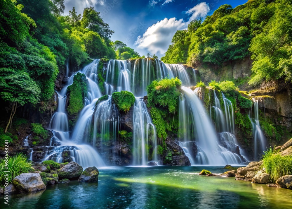 Naklejka premium Tumbling waters spill down a rugged cliffside, nestled among lush greenery, as sunlight filters through the leaves,