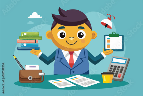 A friendly cartoon accountant sorts files while managing tasks at his desk filled with documents and gadgets, a cartoon character Accountant