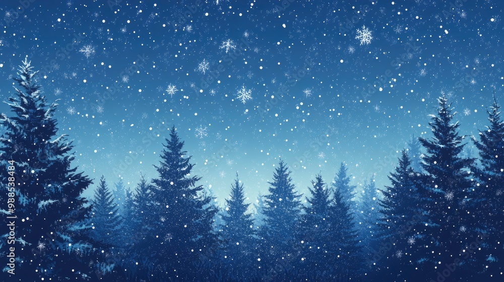 Naklejka premium Christmas Background,Winter Night sky dark blue with starry,snowy in woodland landscape with firs,coniferous forest pine and falling snow,Vector with generative ai