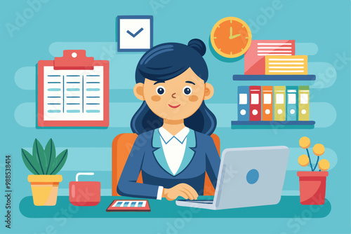 The accountant types on her laptop while surrounded by office supplies and plants, a cartoon character accounting woman