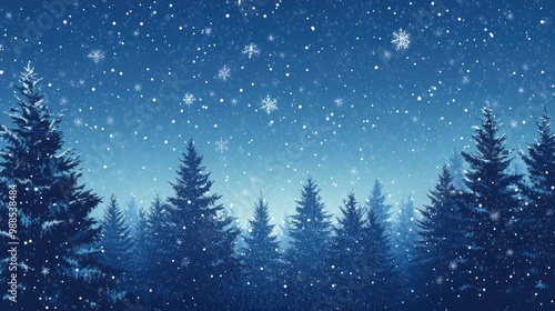 Christmas Background,Winter Night sky dark blue with starry,snowy in woodland landscape with firs,coniferous forest pine and falling snow,Vector with generative ai