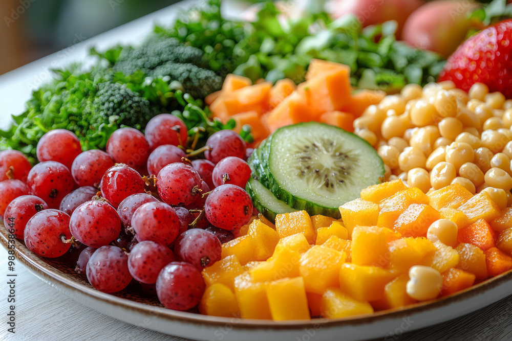 A colorful plate filled with fresh fruits, vegetables, and grains, arranged beautifully on a white table, A colorful plate filled with fresh fruits, vegetables, and grains, arranged beautifully on a white table,