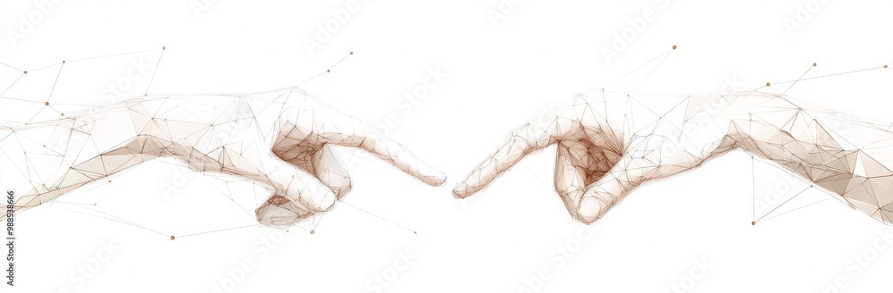 Two hands reaching out Connected by lines and dots in the form of a low poly design on a white background. Two hands reaching out Connected by lines and dots in the form of a low poly design on a white background.
