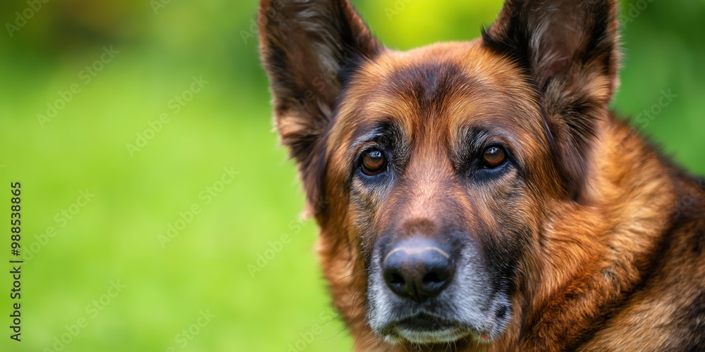 A close-up portrait photo of a cute Alasatian dog looking at the camera, isolated against a blurred background. A close-up portrait photo of a cute Alasatian dog looking at the camera, isolated against a blurred background.