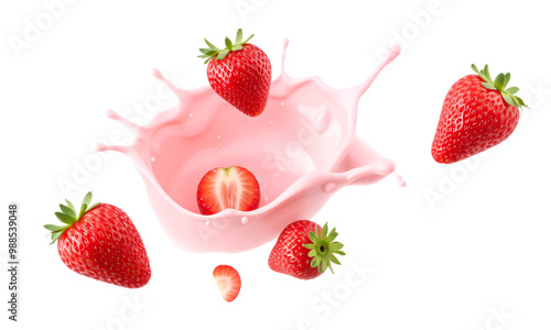 pink milk splash with strawberries  isolated on a transparent background