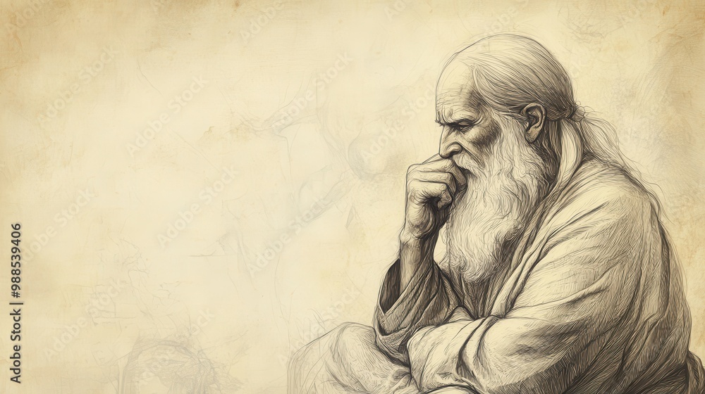 Fototapeta premium Grief and Determination Illustrated - Job Reflecting Quietly After Speaking, Showing Deep Emotional Conflict, Beige Background