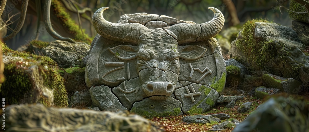 Fototapeta premium Taurus bull symbol carved into ancient stone, surrounded by cracks and moss, set in a mystical forest, hyper-realistic, no blur, full image