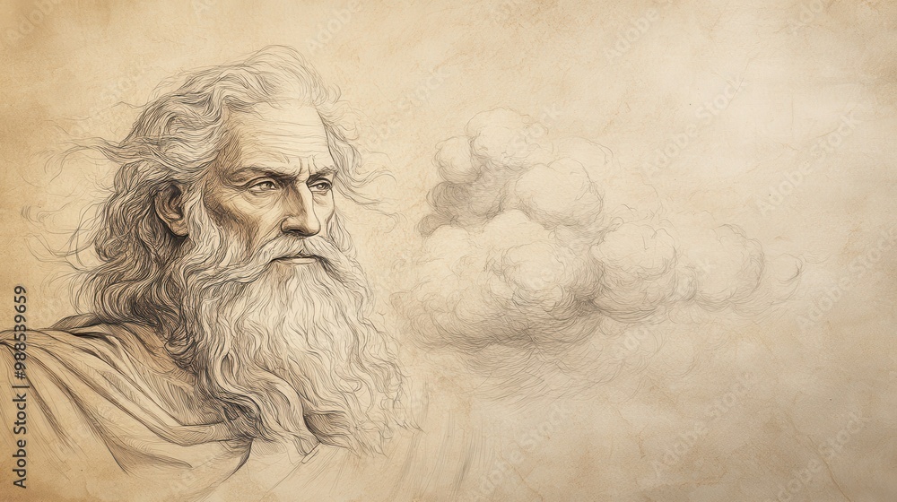 Fototapeta premium God’s Authority Over Creation - Biblical Illustration of The Lord Questioning Job About His Power Over the Elements, Beige Background