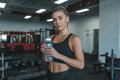 Woman holding water bottle in the gym