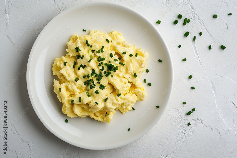 Scrambled eggs on white plate, garnished with chives Scrambled eggs on white plate, garnished with chives