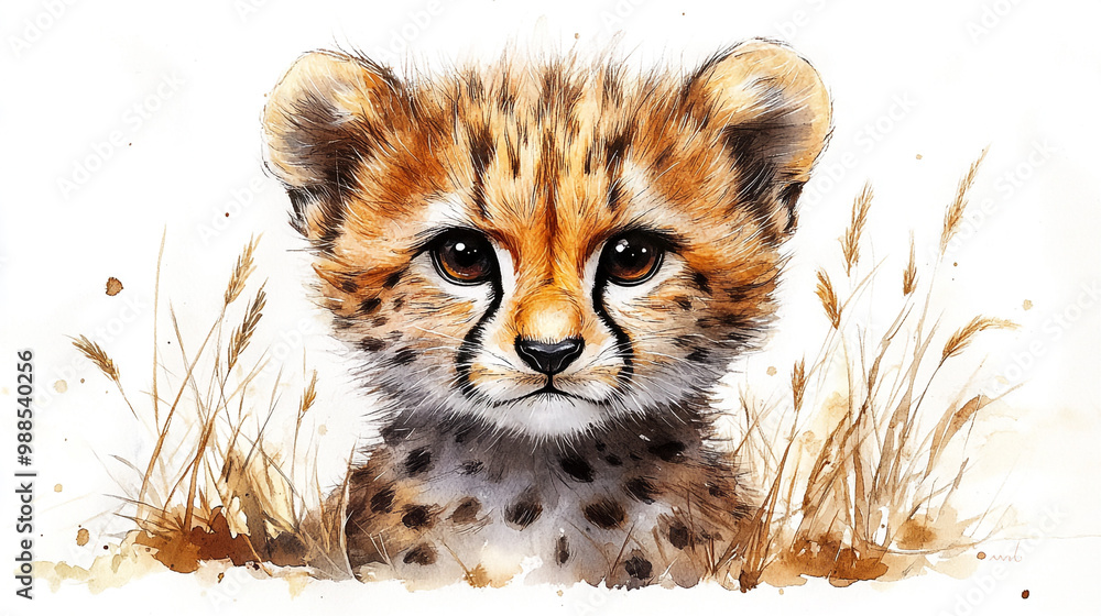 Obraz premium A charming illustration of a young cheetah, featuring vibrant colors and a playful expression, surrounded by soft grass.