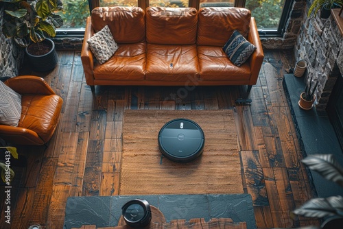 A cozy living room featuring a modern robot vacuum cleaning on a rustic wooden floor next to a leather couch and houseplants photo