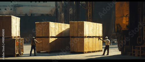 Two workers manage large wooden crates in a bustling loading dock, showcasing teamwork and industrial efficiency.