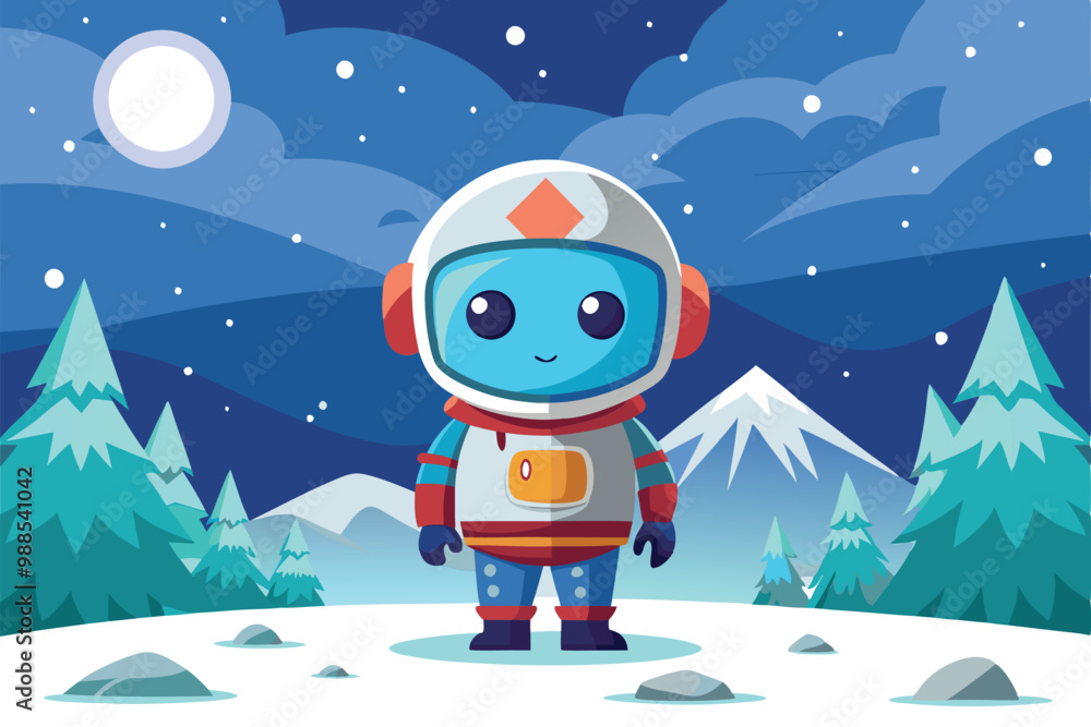Naklejka premium A playful astronaut stands in a snowy landscape with trees and mountains beneath a glowing moon, a cartoon character an astronaut standing in the snow