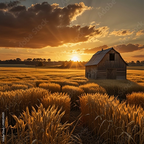 A golden wheat field at sunset, with the sun casting a warm glow over the swaying crops and a rustic barn in the distance