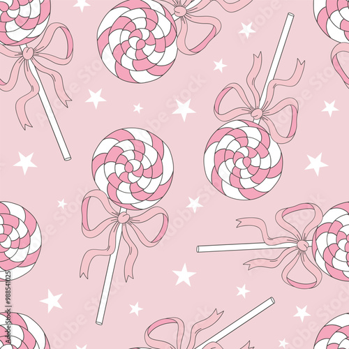Cute Pink peppermint lollipop vector seamless pattern. Coquette Christmas background.